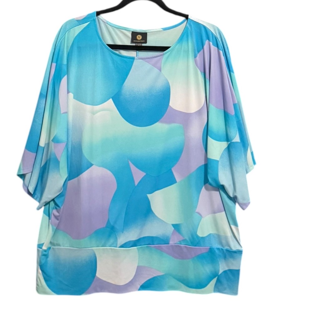 JM Collection Womens Dolman Banded Hem Blue Purple Abstract Bubble Print Sz XL